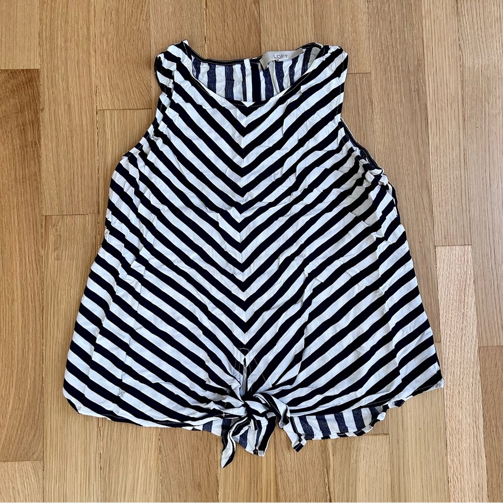 LOFT Dark Navy and White Striped Tie Front Top Women’s Small